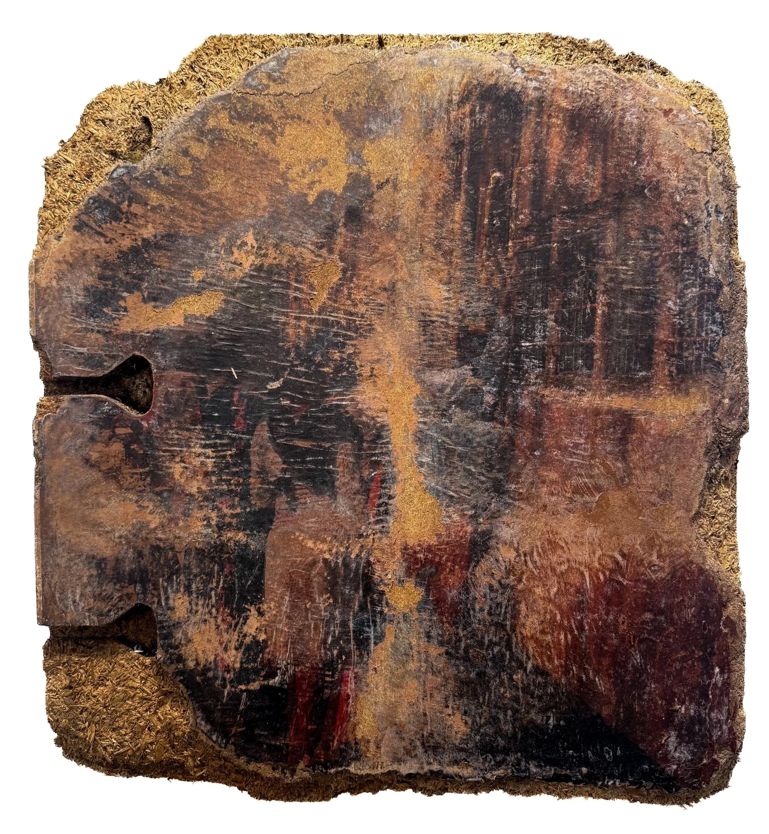 Wooden panel with image of people on a train transferred on top.