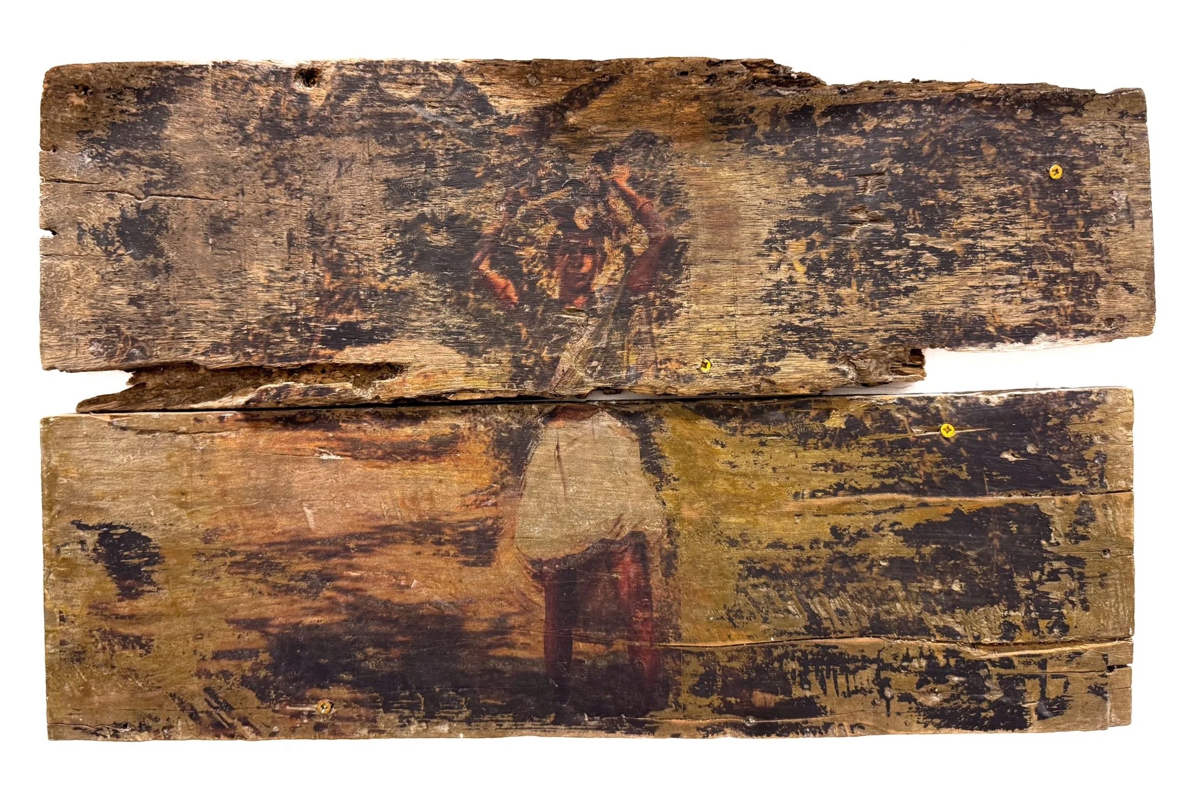 Close-up of old, weathered wooden planks with an image of a woman holding wooden sticks above her head