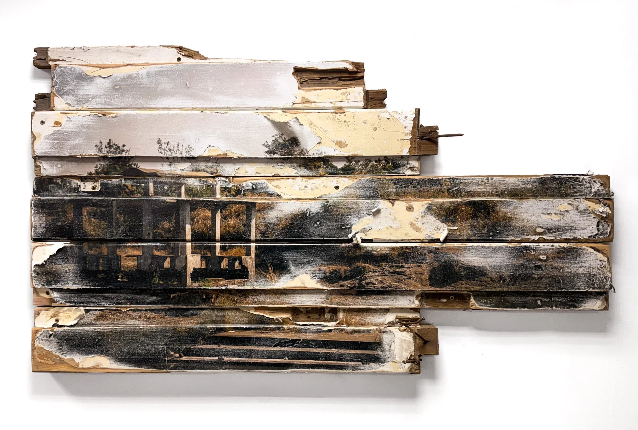 A collage of weathered, peeling wooden planks with different textures and colors, some parts showing remnants of photographs.