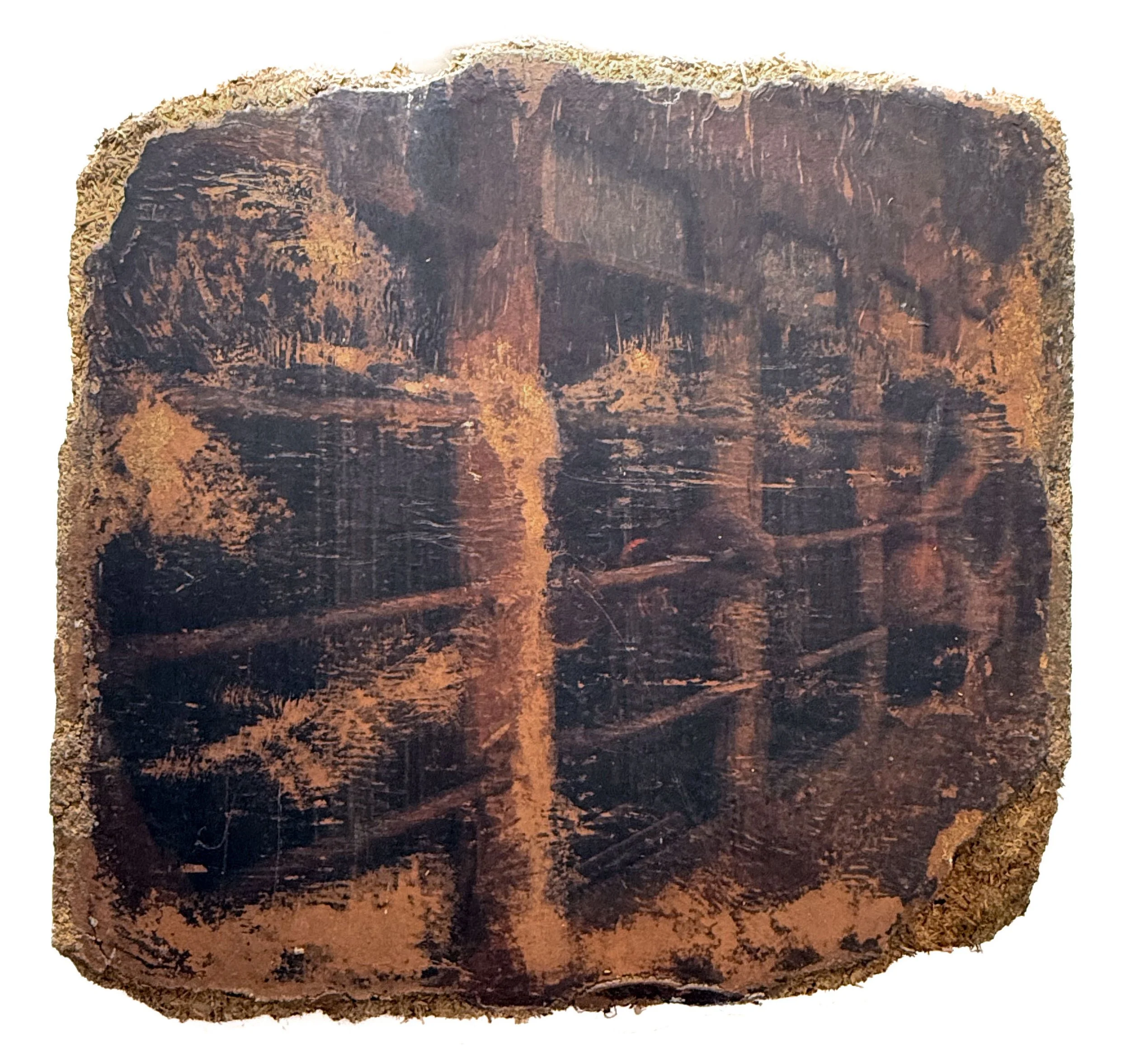 Wooden panel with image of people on a train transferred on top.