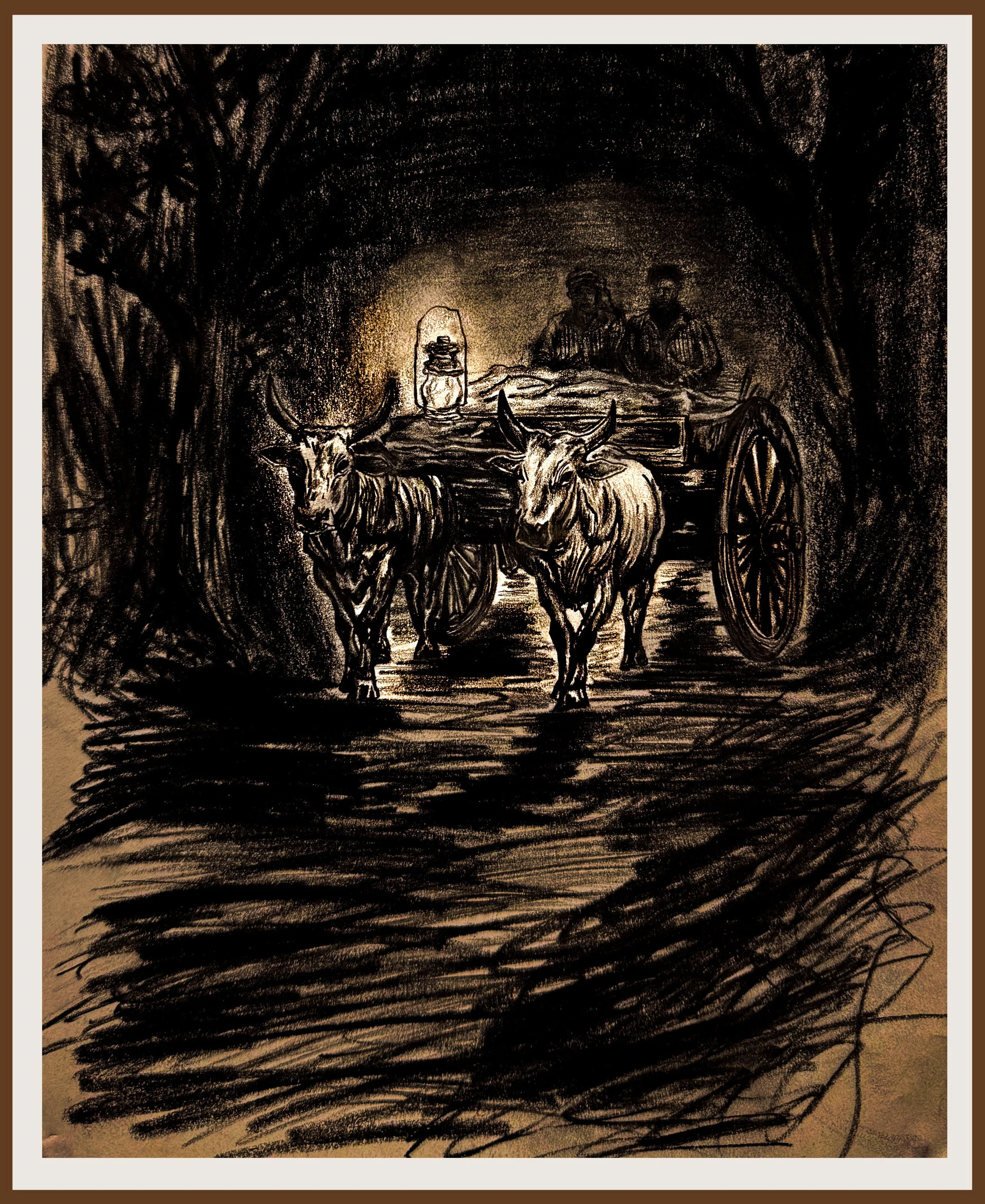 Dark sketch of a ox-drawn cart with two oxes in the foreground, two men sitting inside the cart, lantern on the cart, and trees in the background, drawn with expressive strokes.