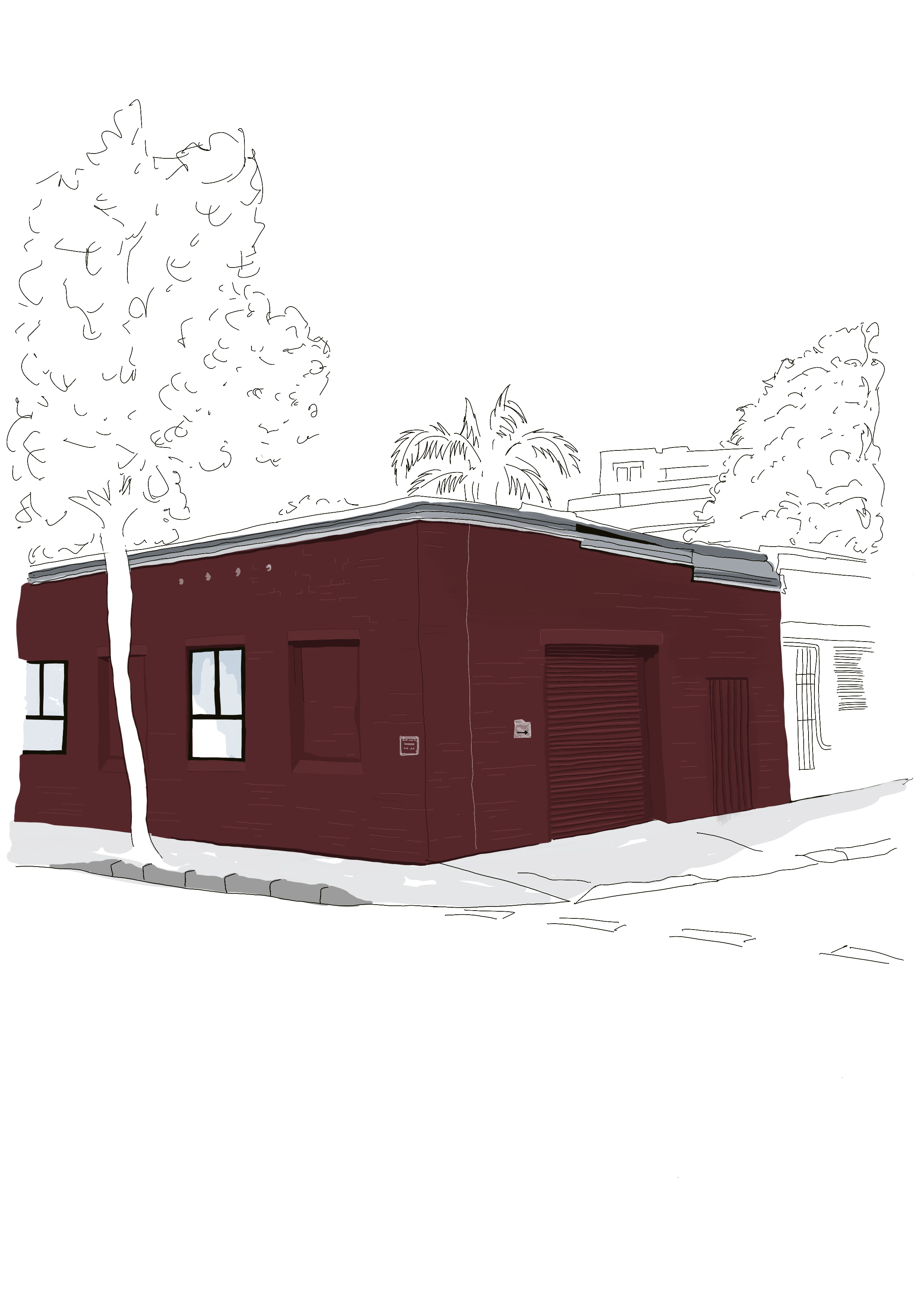 Illustration of a small red building with a garage door, two windows, a door, and a sidewalk, surrounded by trees.