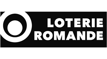 Logo de la Loterie Romande avec un cercle stylisé et le nom en blanc sur fond noir.