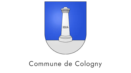 Blason de la commune de Cologny, avec une colonne blanche portant l'année 1814 sur fond bleu et une base grise, avec le texte "Commune de Cologny" en dessous.