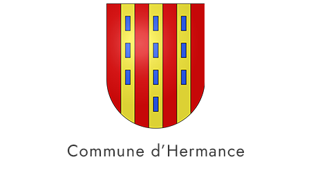 Blason de la commune d'Hermance avec des bandes verticales rouges et jaunes, et des petites fenêtres bleues, accompagnée du texte 'Commune d'Hermance'.