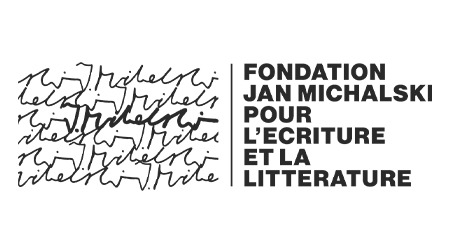 Logo de la Fondation Jan Michalski avec du texte en français sur le fond blanc, combinant écriture manuscrite et texte en gras.