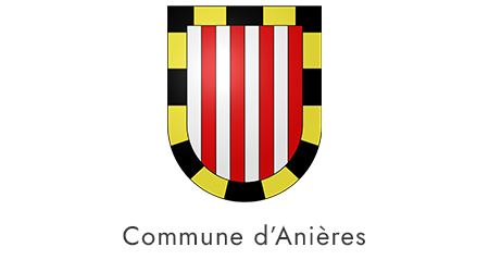 Blason de la commune d'Anières avec des bandes rouges et blanches entouré d'un cadre noir et jaune, avec le texte 'Commune d'Anières' en dessous.