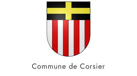 Blason de la commune de Corsier avec une croix jaune sur fond noir en haut et des rayures rouges et blanches en bas, avec le texte 'Commune de Corsier' en dessous.