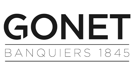 Logo avec le texte "GONET Banquiers 1845" en noir et blanc.