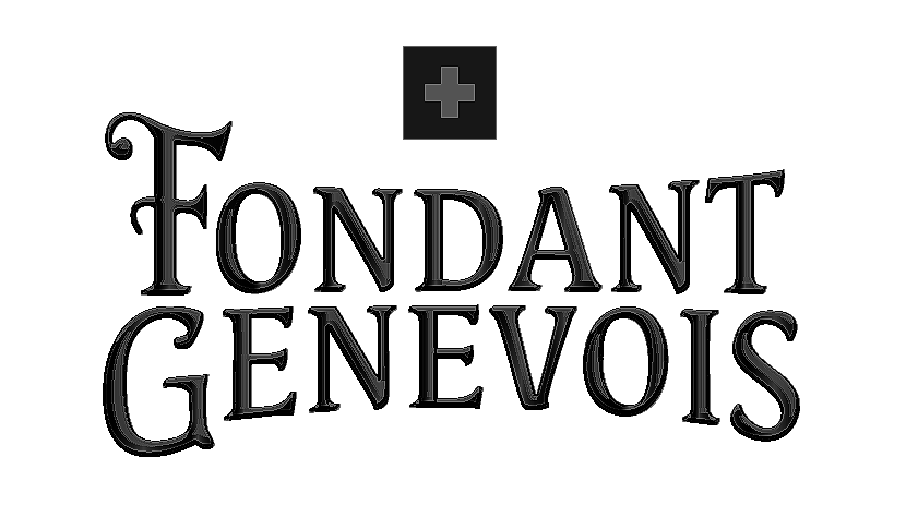 Logo noir avec texte 'Fondant Genevois' en lettres stylisées, une croix blanche dans un carré gris au-dessus