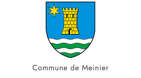 Blason de la commune de Meinir, avec une tour jaune sur un fond bleu, une étoile en haut à gauche et des vagues vertes en bas.