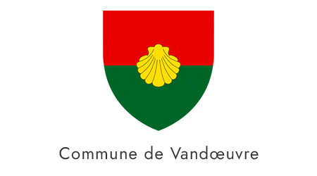 Blason de la commune de Vandœuvre, divisé horizontalement entre rouge en haut et vert en bas, avec un coquillage jaune au centre.