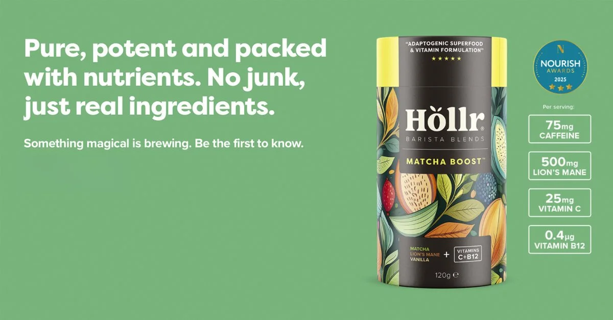 Green background with white text promoting a nutritional drink called Höllr Matcha Boost; features of the product include caffeine, lion's mane, vitamin C, and vitamin B12; a cylindrical container with colorful fruit and leaf illustrations and a label indicating it is a matcha barista blend with vitamins.