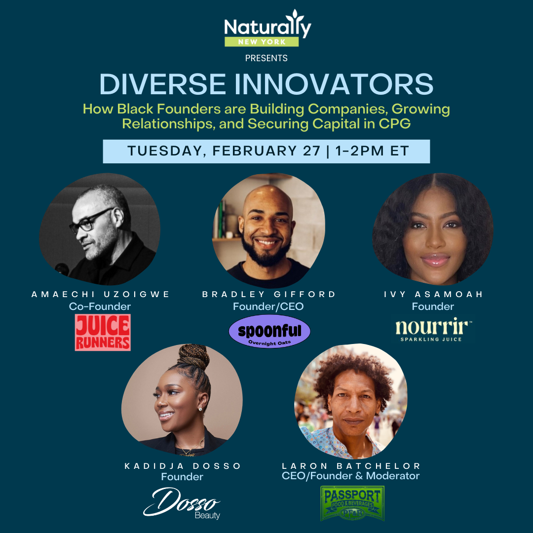 Event poster for 'Diverse Innovators,' a talk on how Black founders build companies, grow relationships, and secure capital in CPG, scheduled for Tuesday, February 27 from 1-2 PM ET. Features photos and names of speakers Amoehi Uzoigwe, Bradley Giffo