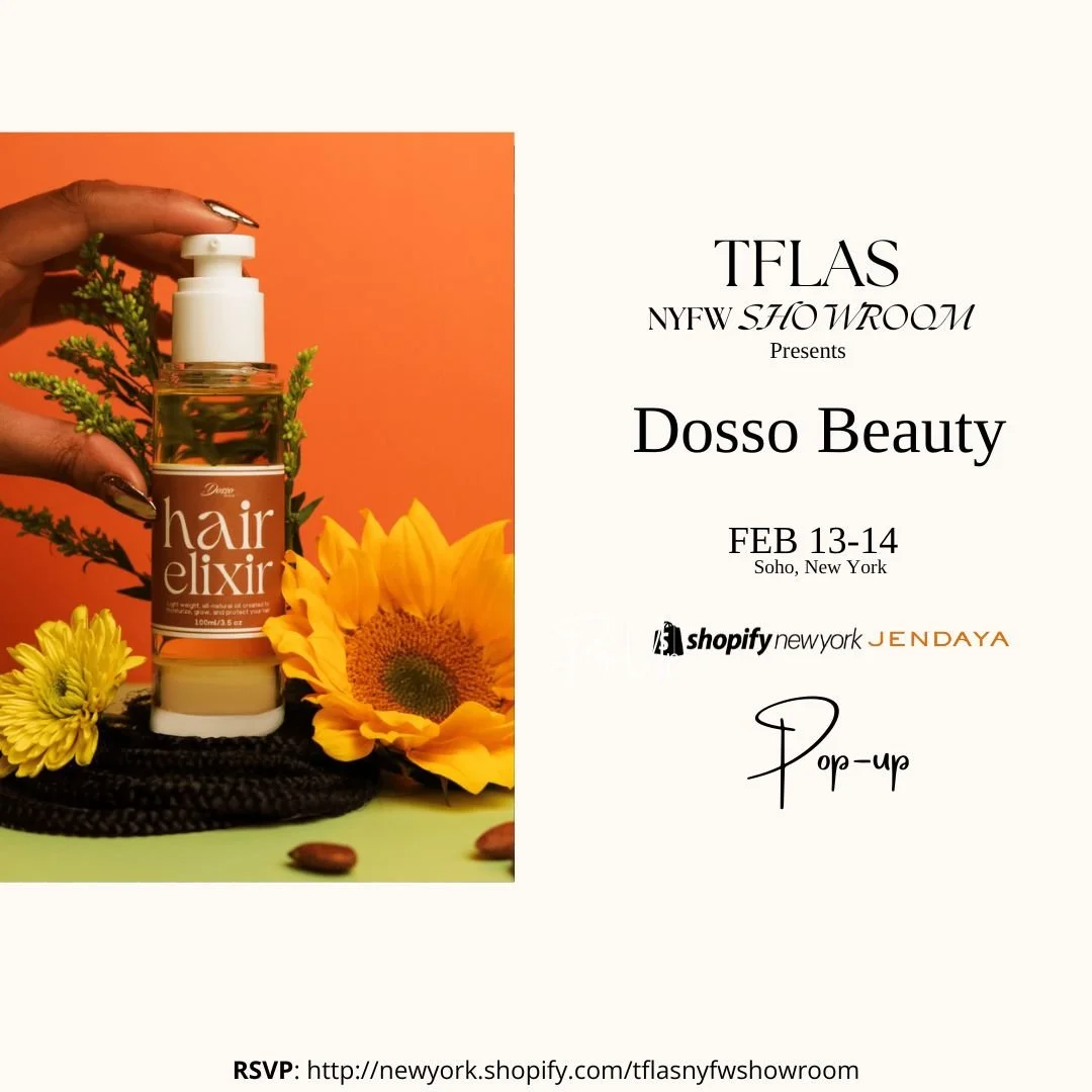 Event flyer advertising Dosso Beauty pop-up at TFLAS New York Showroom on February 13-14 in Soho, featuring hair elixir product with flowers in the background.