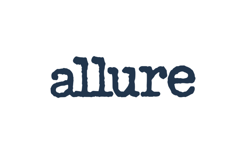 Word 'allure' written in blue, stylized text on a black background.