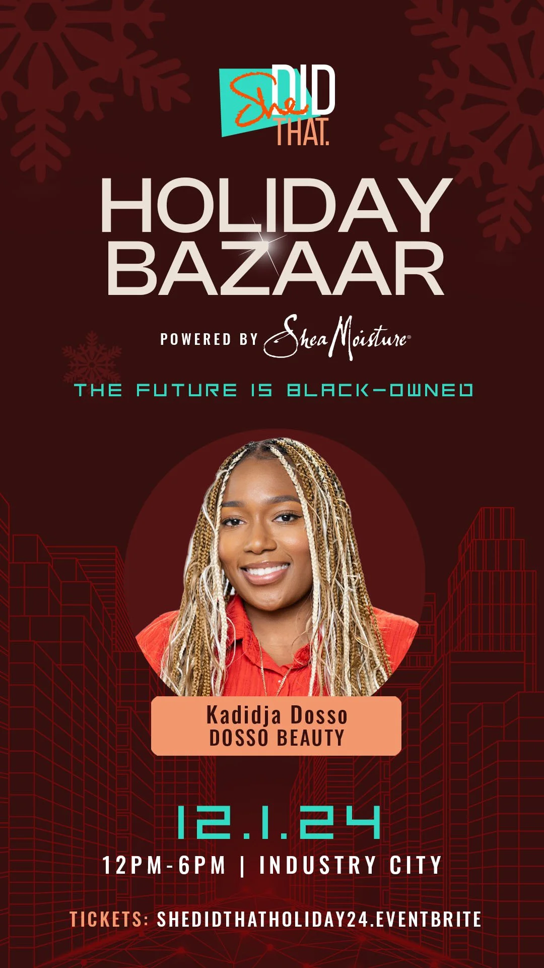 A promotional poster for a holiday bazaar featuring a woman with blonde braids, smiling, with text indicating the event details, date, and location.