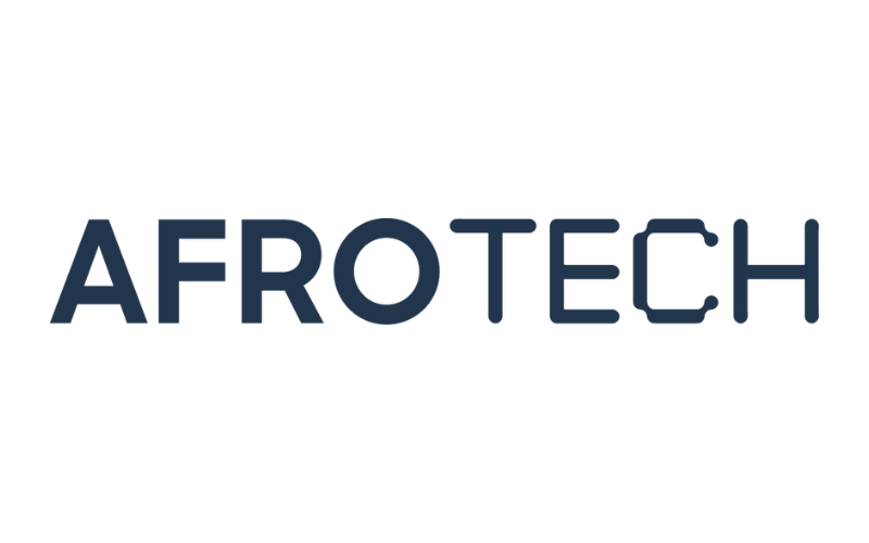 Logo with the word "AFROTECH" in bold blue letters.