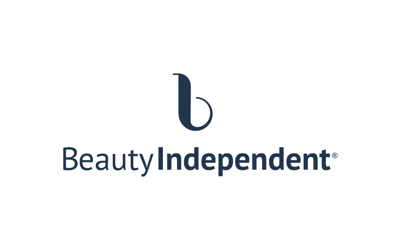The image shows the logo of Beauty Independent, featuring a stylized letter 'b' above the text 'Beauty Independent' in dark blue.