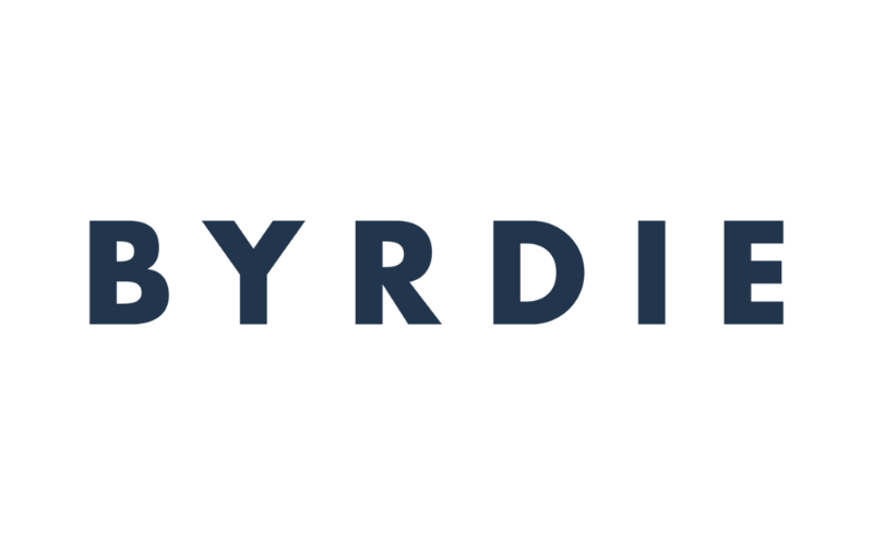 Text logo for BYRDIE in white letters on a black background.