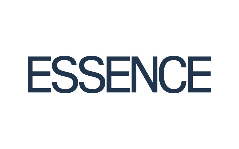 The word 'ESSENCE' written in large, dark blue capital letters with a black background.
