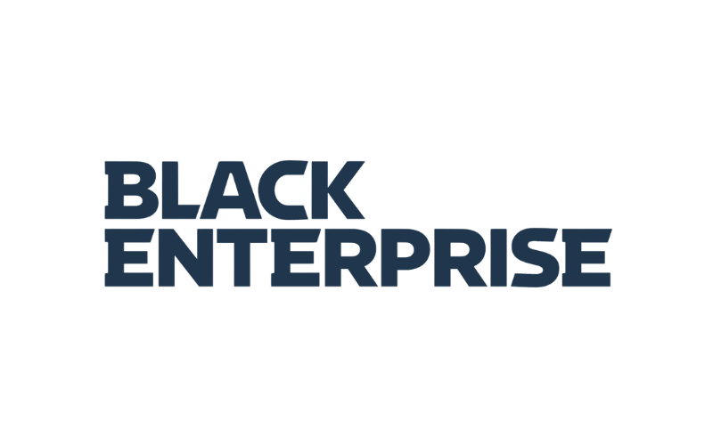 Logo with a black circle, a fist holding a lightning bolt, and the words 'Black Enterprise' in bold blue letters.
