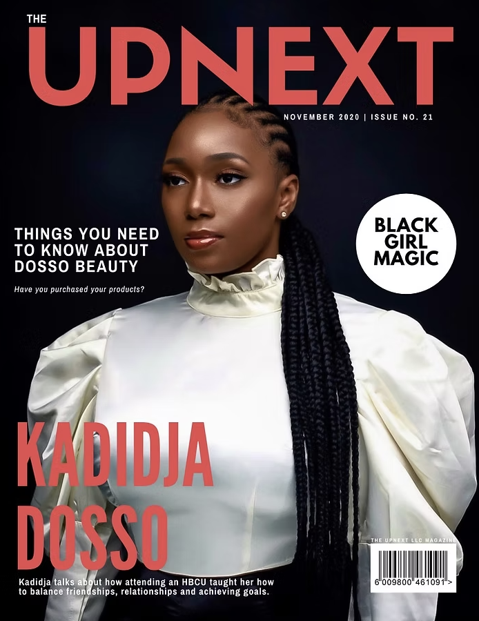Cover of The UpNext magazine, November 2020 issue, featuring Kadidja Dosso, a Black woman with long braided hair, wearing a white high-neck blouse, against a dark background.