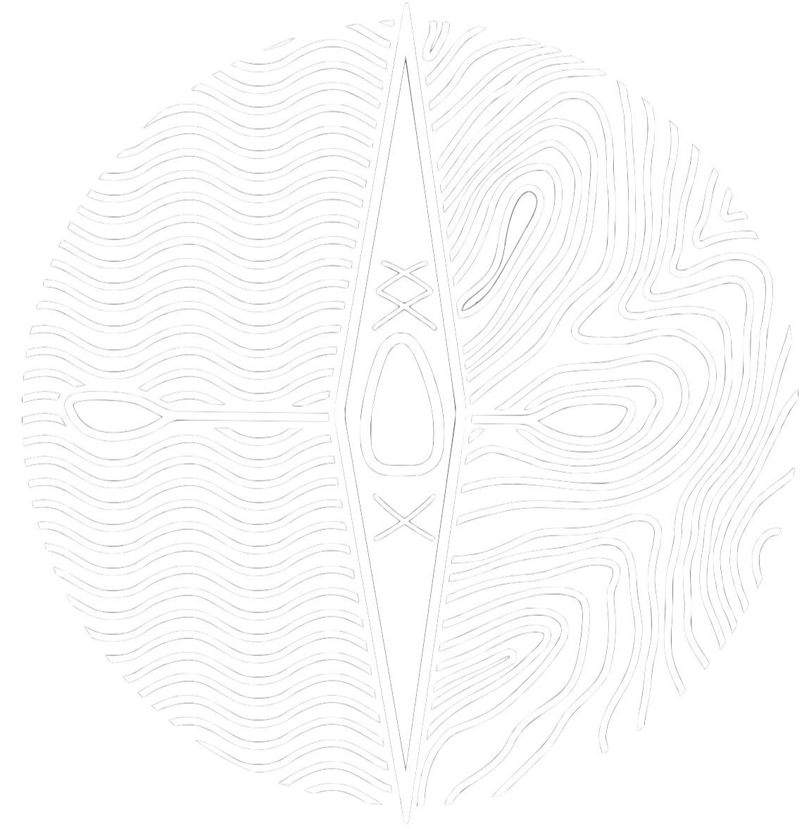 A stylized black and white compass design with fingerprint patterns in the background.
