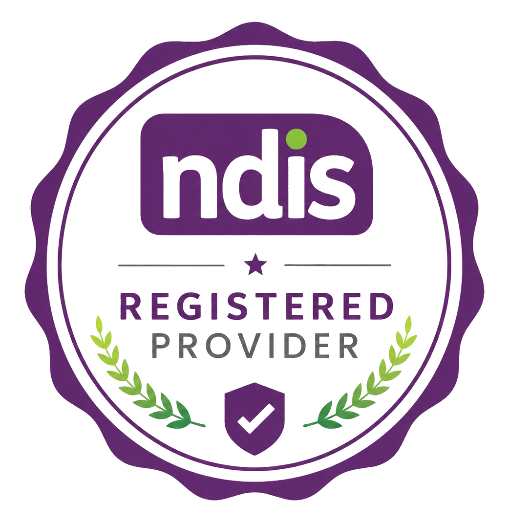 A badge with a purple scalloped border displaying the text 'ndis REGISTERED PROVIDER' with green and purple accents, a purple shield with a check mark, and green laurel branches.