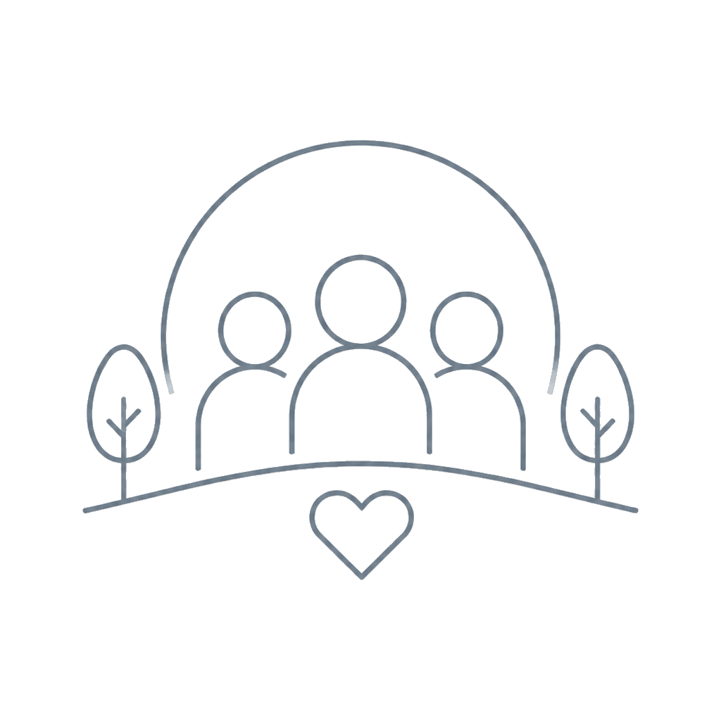 Line drawing of three people inside a rainbow, with two trees and a heart below.