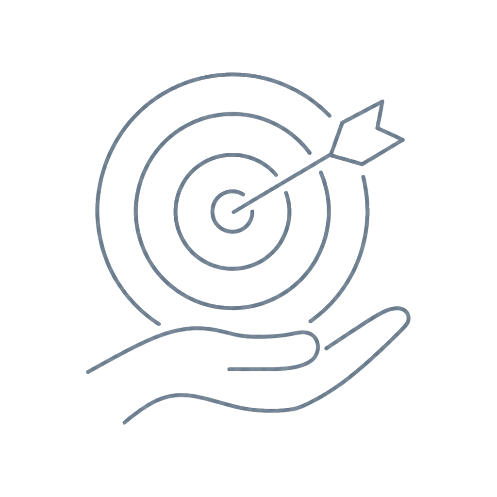 Line drawing of a hand holding a target with an arrow hitting the bullseye.