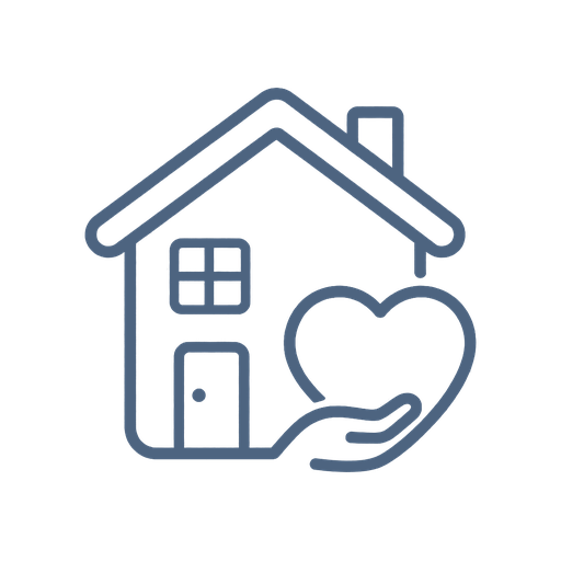 Line drawing of a house with a hand holding a heart next to it, symbolizing home care or support.