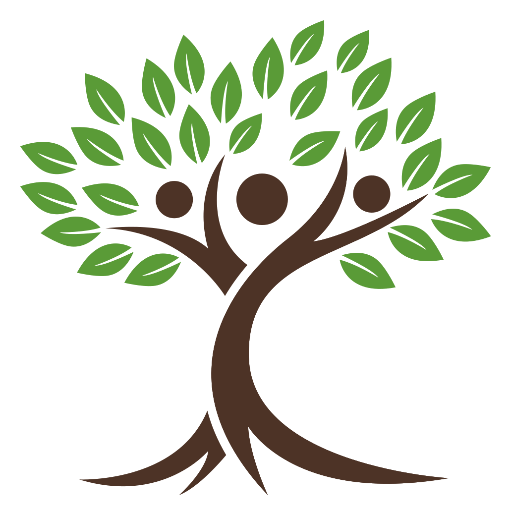A stylized tree with a brown trunk and branches, green leaves, and three brown circles representing fruits or sun orbs.