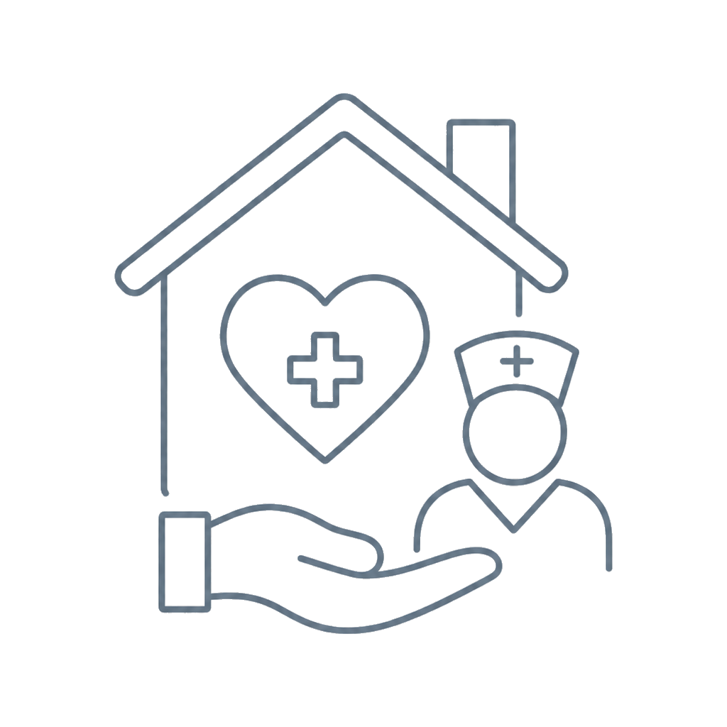 Line drawing of a healthcare or emergency aid concept featuring a house with a heart and medical cross, a nurse or healthcare worker, and a hand offering support.