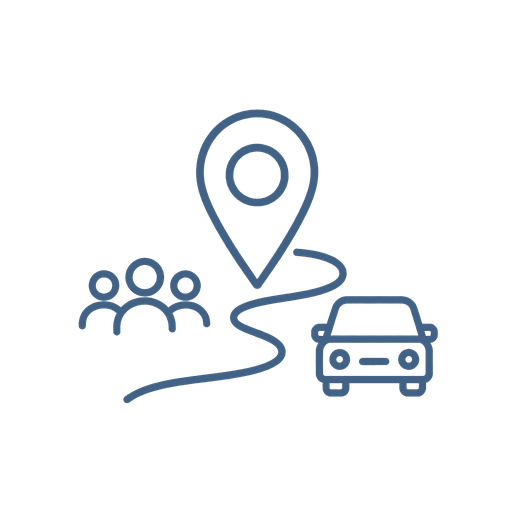 A blue line icon depicting a group of people, a winding road, a location pin, and a car.