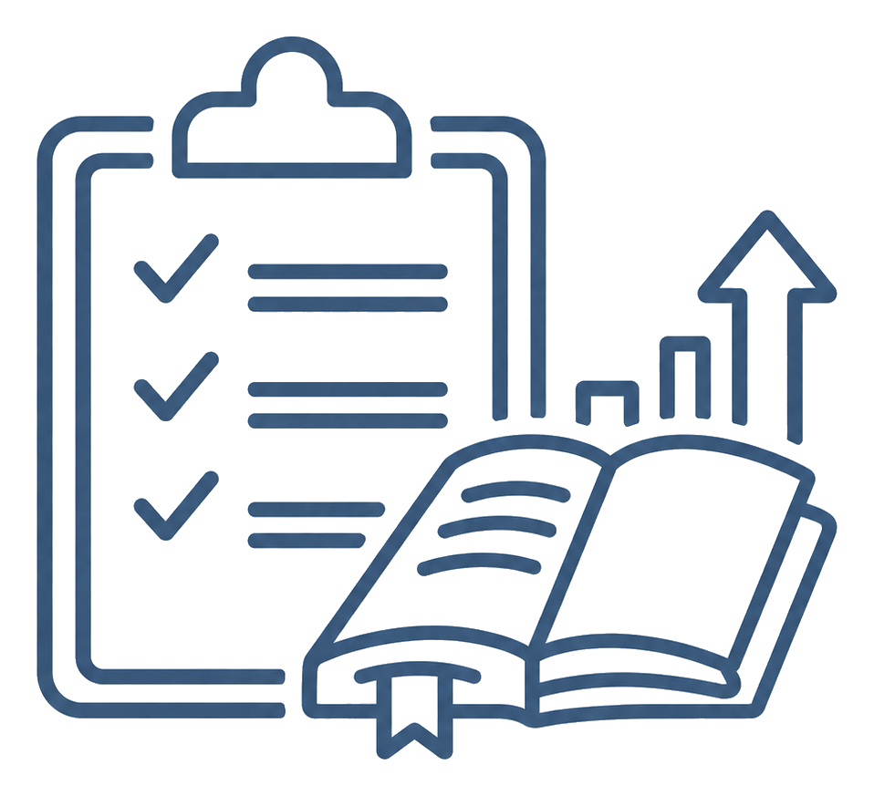 Illustration of a clipboard with checkmarks, an open book with a bookmark, and a bar chart with an upward arrow, symbolizing achievement, knowledge, and growth.