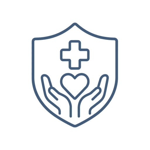 Outline of a shield with a medical cross and a heart inside, supported by two hands.