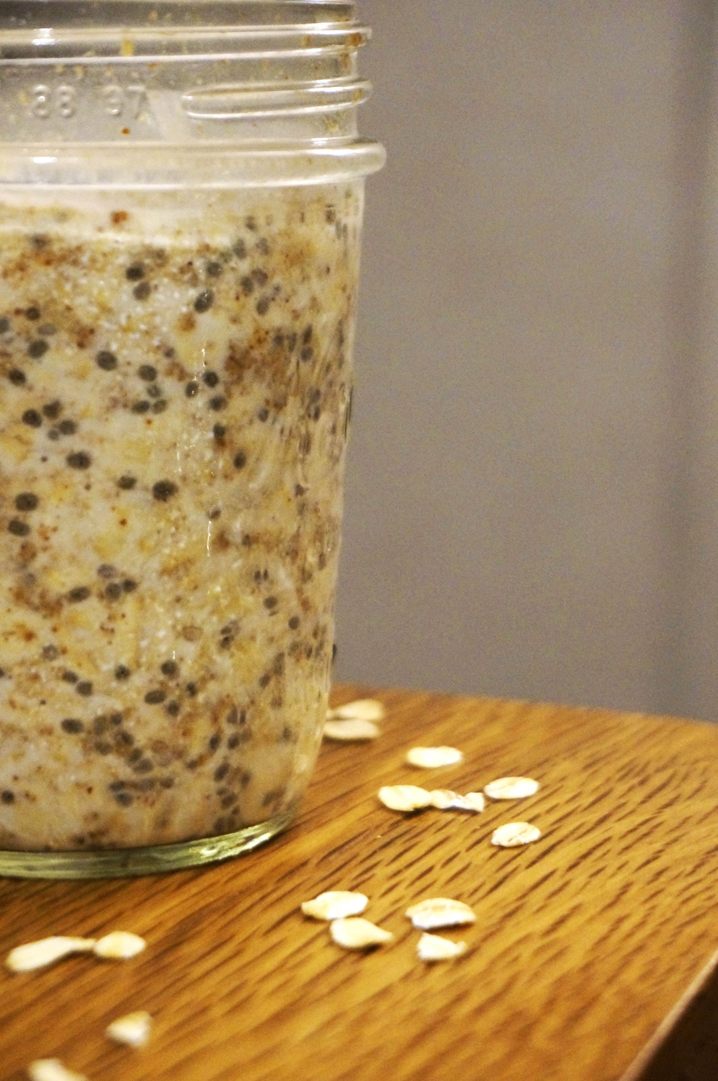 Easy breakfast with oats, chia seeds, nut butter, and milk