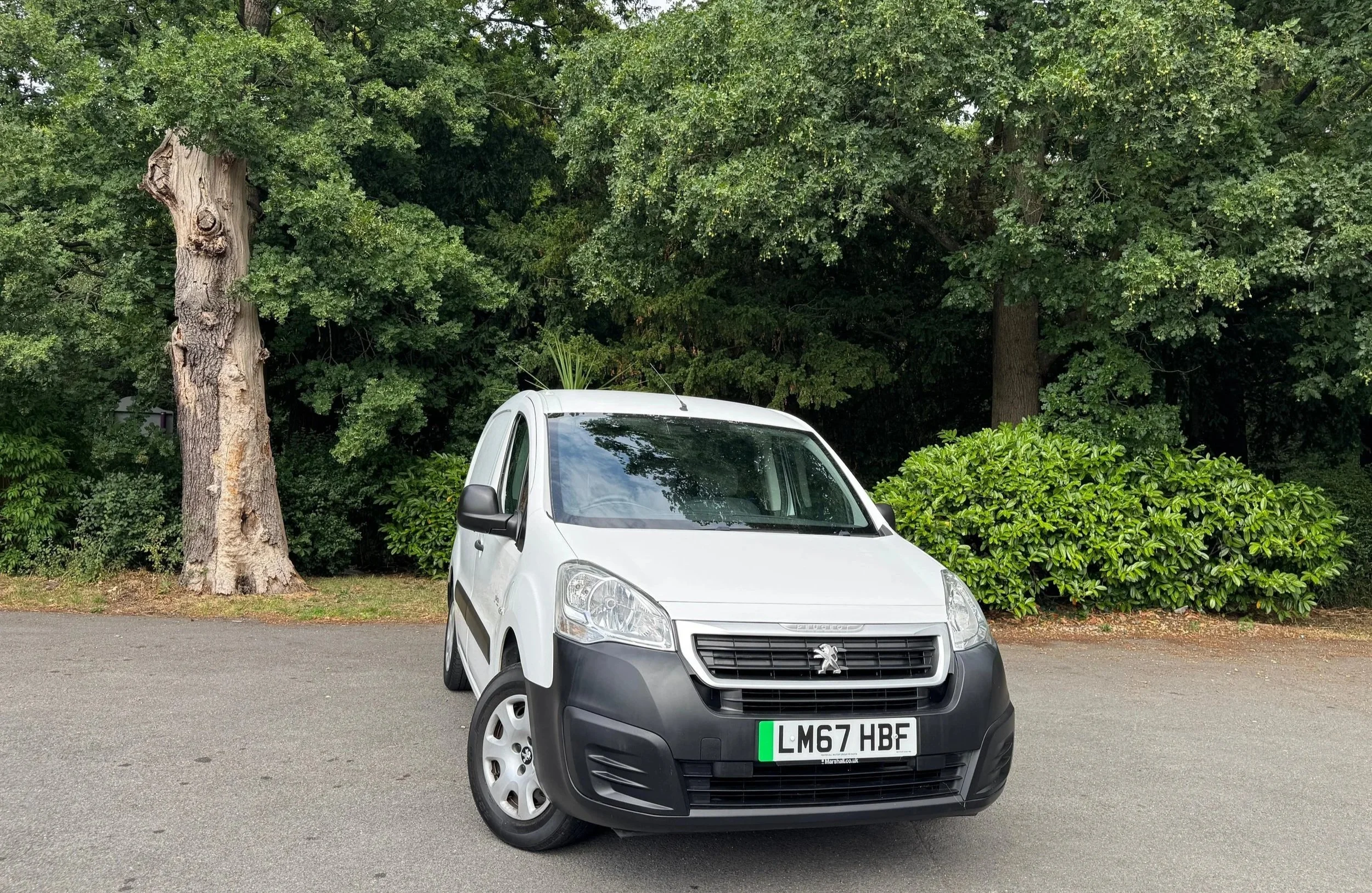 A white Peugeot van parked on a paved surface near green trees and shrubs.