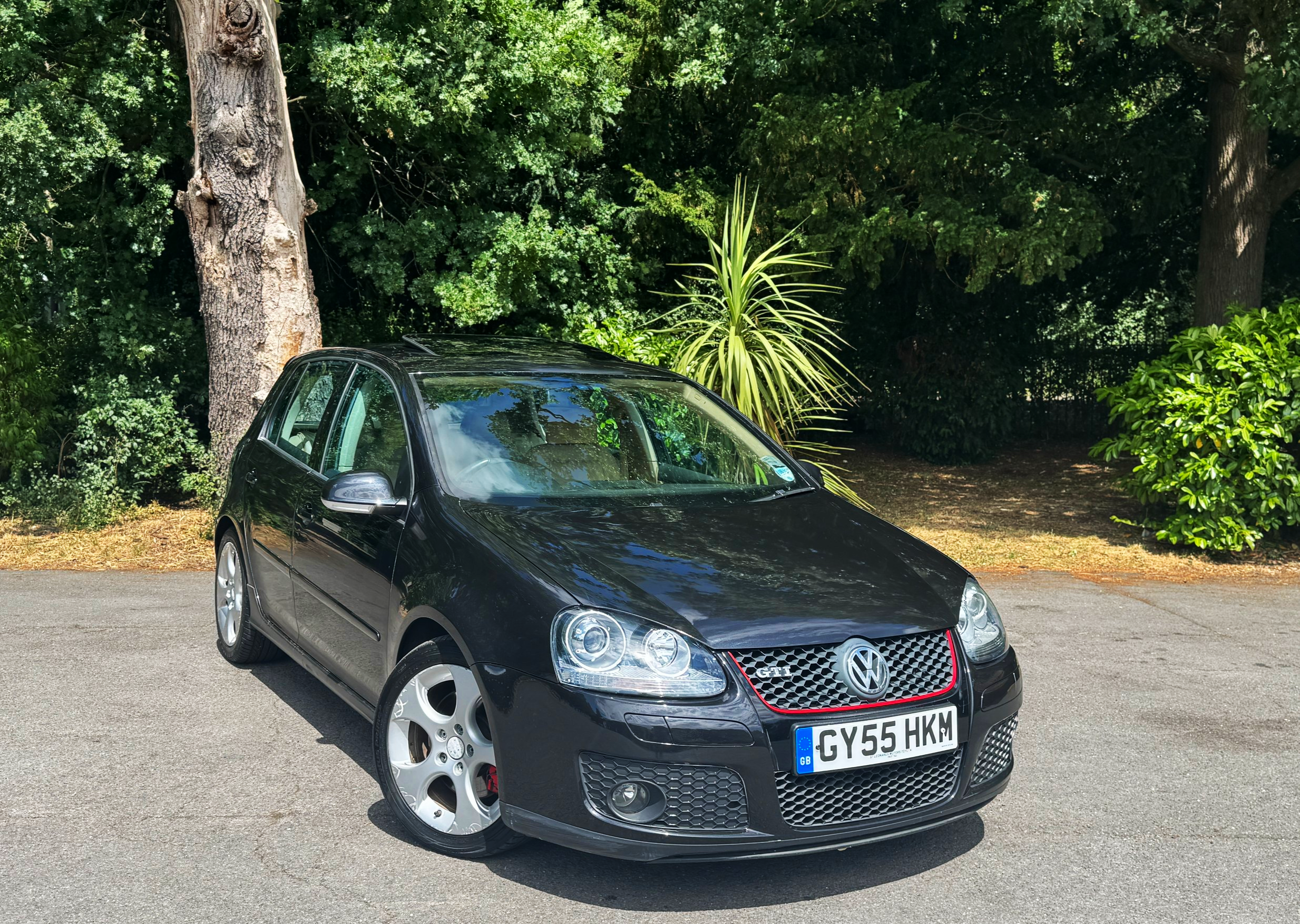 Black Volkswagen Golf GTI parked on a paved surface, surrounded by trees and greenery.