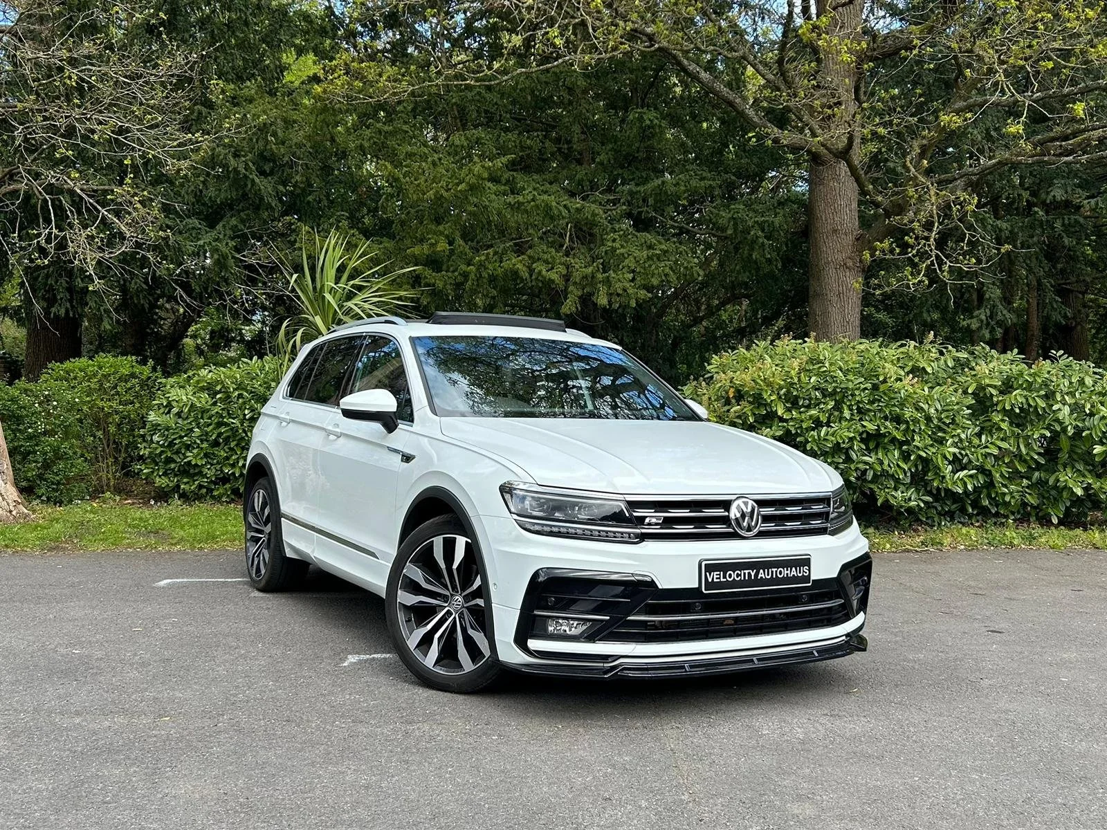 White Volkswagen SUV parked on an asphalt surface, surrounded by green bushes and trees.