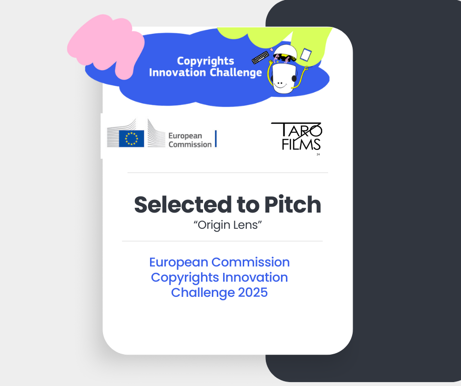 Certificate titled 'Selected to Pitch' for the 'Origin Lens' project, part of the European Commission's Copyrights Innovation Challenge 2025, featuring logos of the European Commission and Taro Films, with colorful illustrations of a cloud, cartoon face, and design elements at the top.