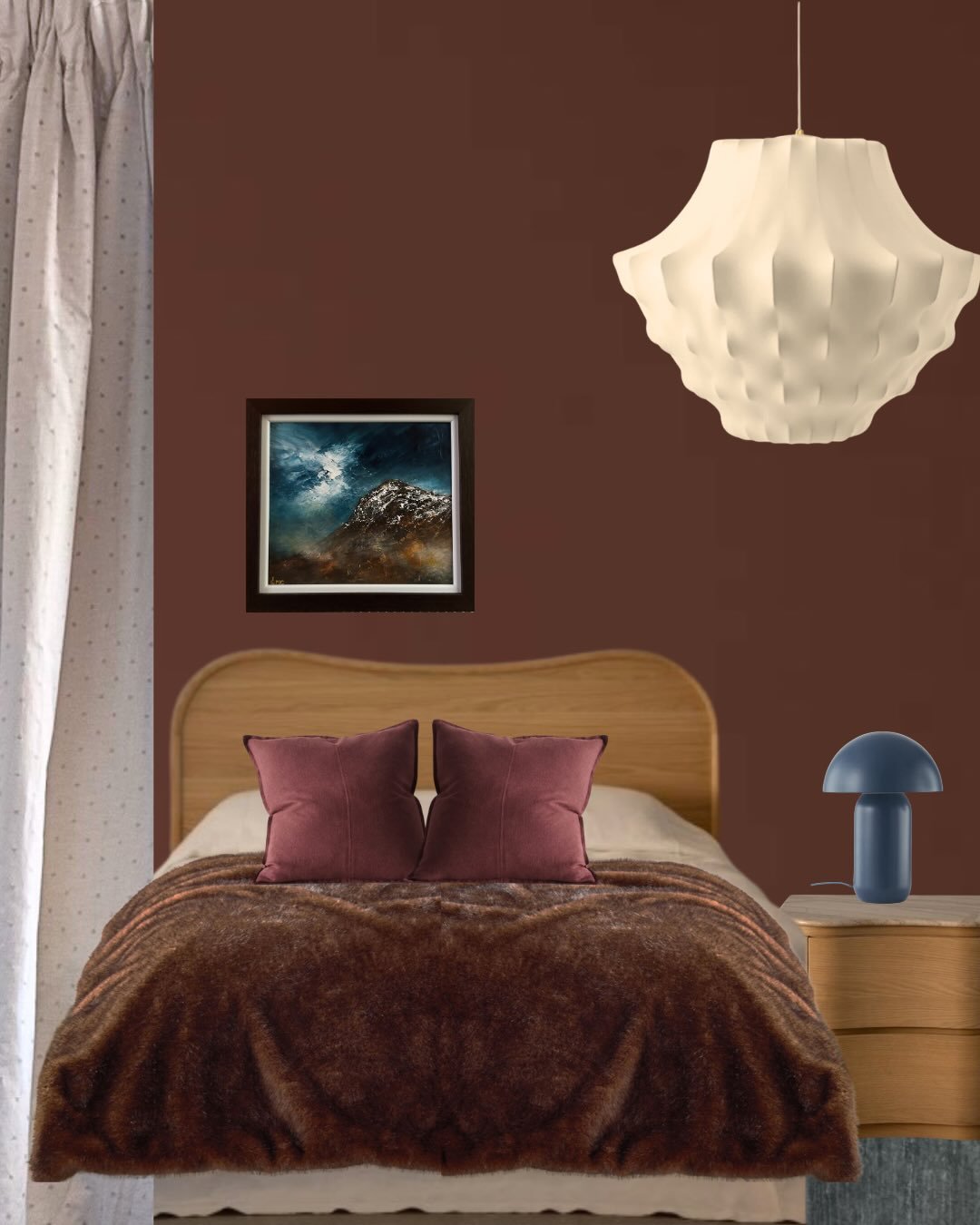 In progress: a Scottish master bedroom redesign 😍🏴󠁧󠁢󠁳󠁣󠁴󠁿 

The brief was moody and cocooning, with a deep paint colour chosen to complement the client&rsquo;s beautiful art collection. An oversized sculptural pendant was also introduced to ba