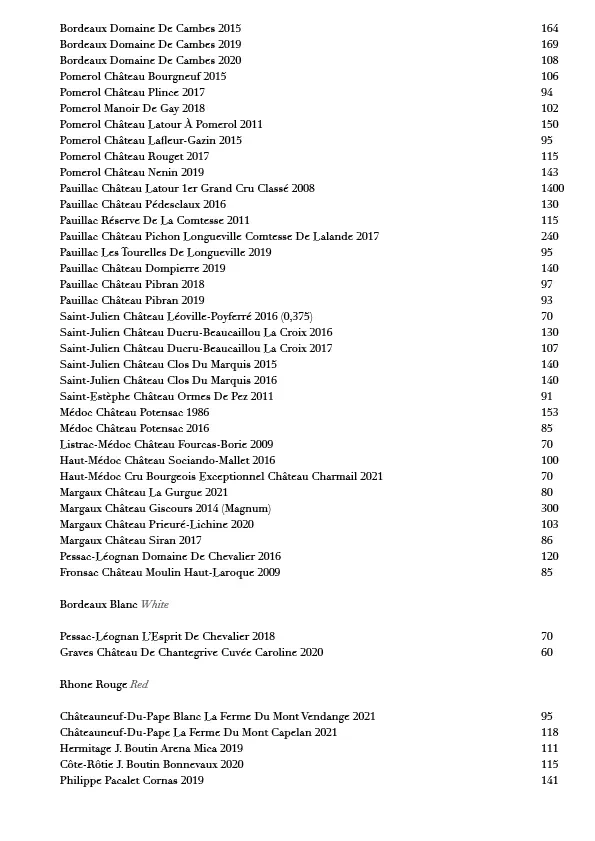 Lijst met wijnruimberken, onderverdeeld in Bordeaux, Pomerol, Pauillac, Saint-Julien, Saint-Estèphe, Médoc, Listrac-Médoc, Haut-Médoc, Margaux, Bordeaux Blanc, Graves, Rhone Rouge, met jaartallen en nummers.