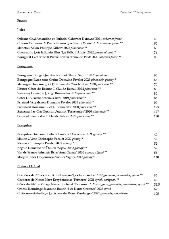 Prijskaartje met wijnlijst, inclusief regio's zoals Rouge, Bourgogne, Beaujolais en Rhône, met details over wijnnaam, jaar en prijs.