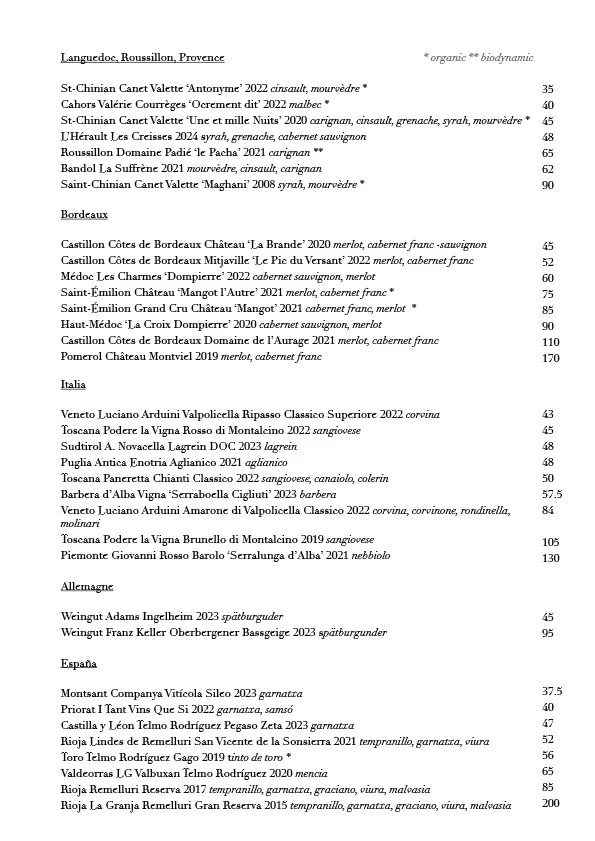 Een lijst met wijnen en details zoals naam, vintage, druivensoort en prijs, onderverdeeld per regio (Languedoc, Bordeaux, Italië, Duitsland, Spanje), afgebeeld in een document.
