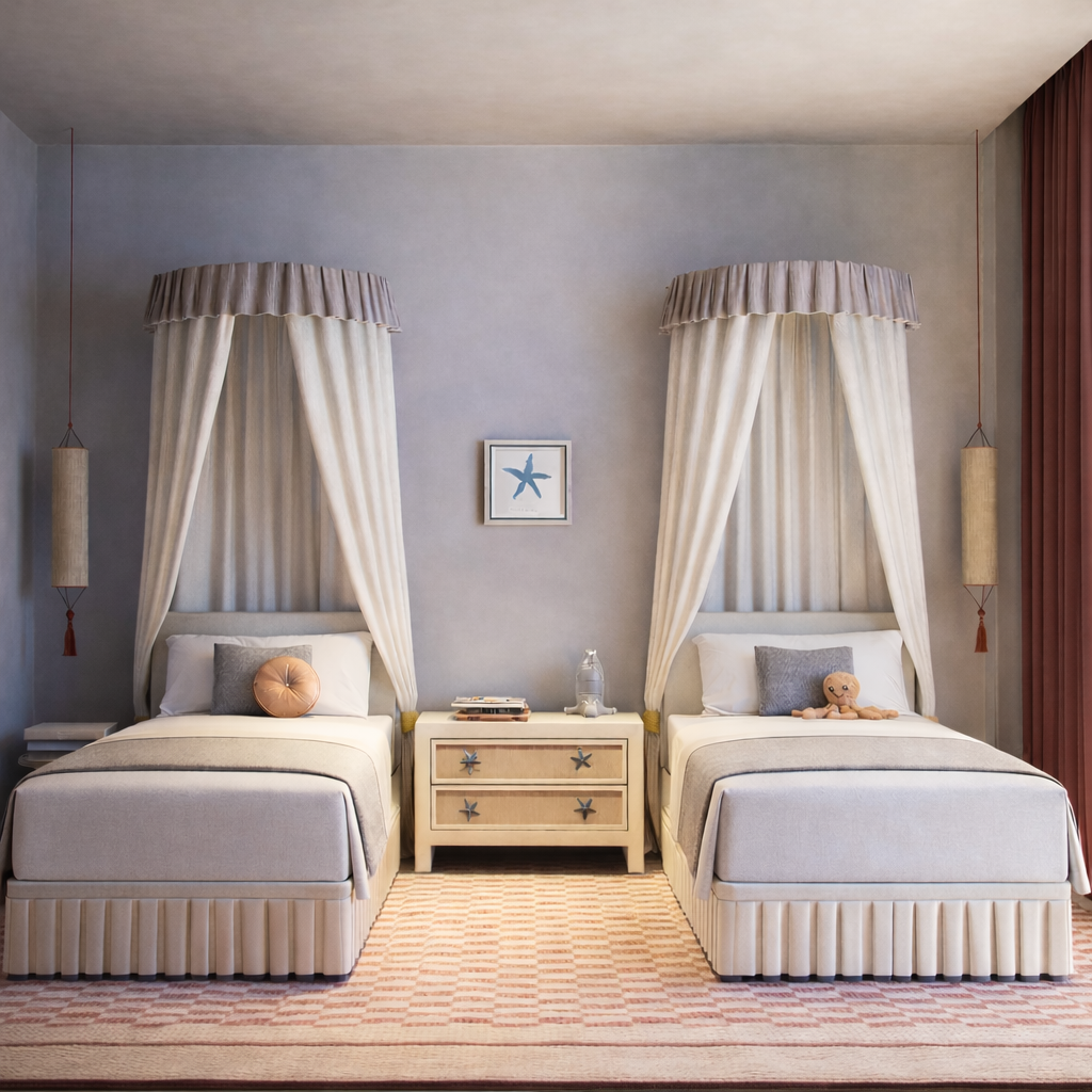 Luxury children’s bedroom with custom upholstered bed, neutral palette, wool rug, built-in millwork, and soft natural light.