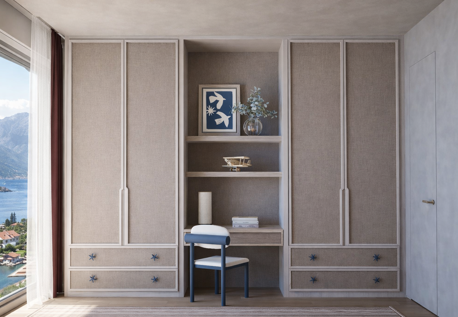 Luxury children’s bedroom with custom upholstered bed, neutral palette, wool rug, built-in millwork, and soft natural light