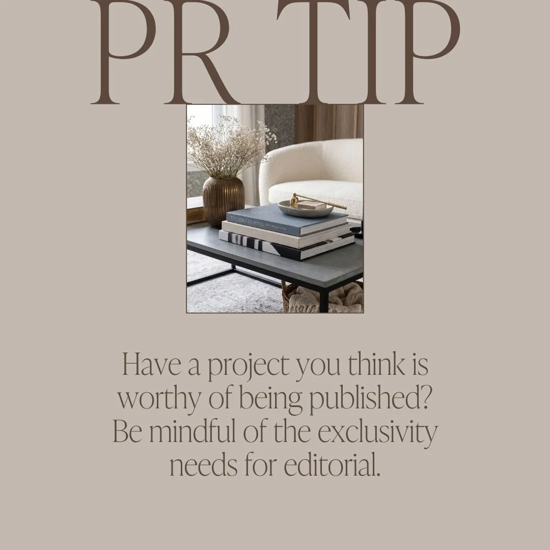 Most media outlets require exclusivity &mdash; yes, even digital and oftentimes, local publications! To ensure your best chance at getting published, we recommend waiting to:

☁️ Use those project images for any PR or marketing activities
☁️ Sharing 