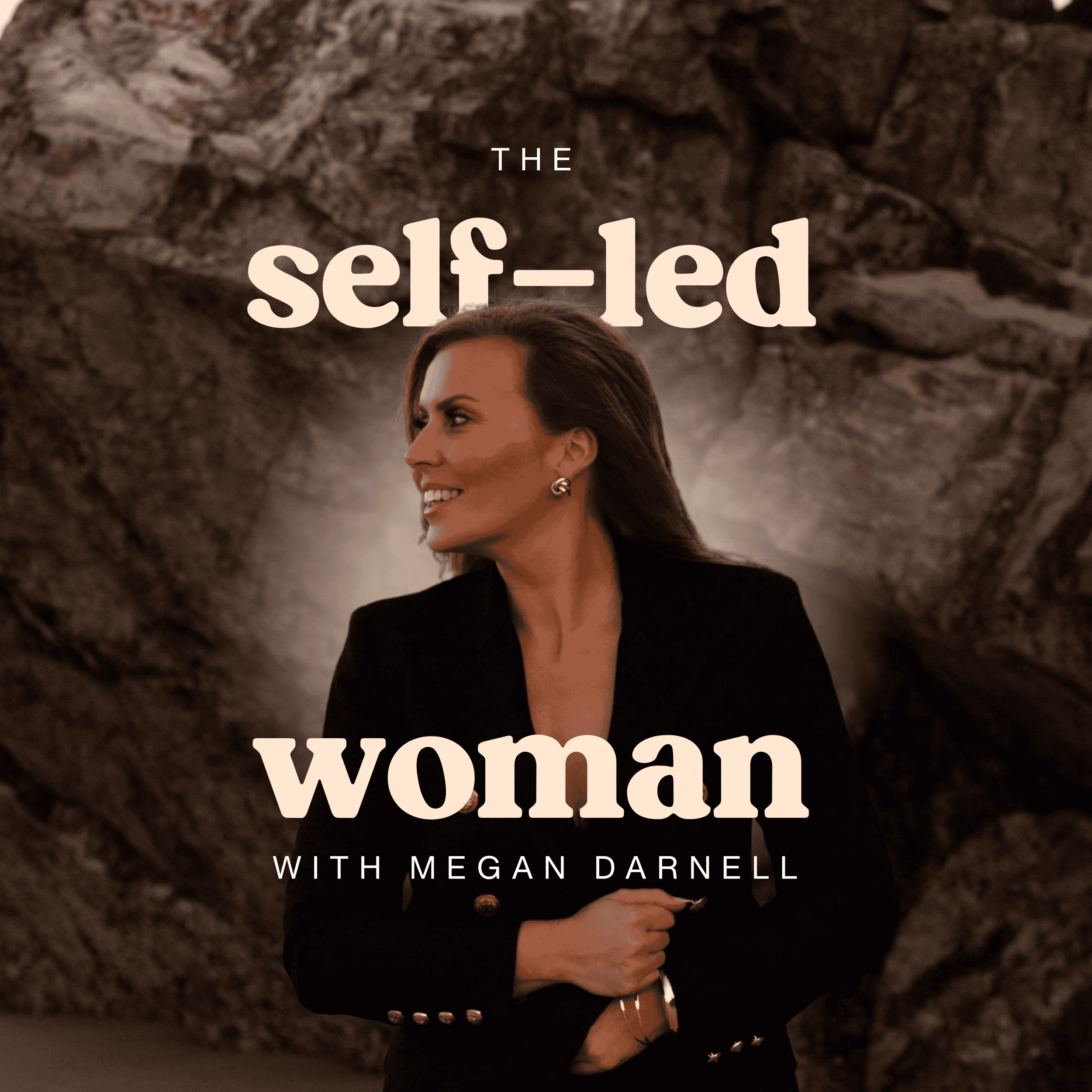 Podcast titled 'The Self-Led Woman with Megan Darnell'. The photo features Megan Darnell, IFS therapist that helps women to heal what's underneath their emotional eating behaviour